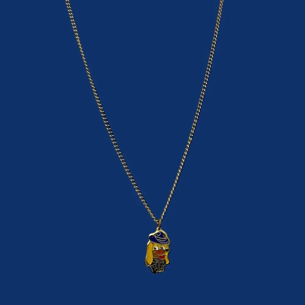 Vintage Cartoon Dog Pendant Necklace Gold Tone Enamel Puppy Hat Kitschy Jewelry